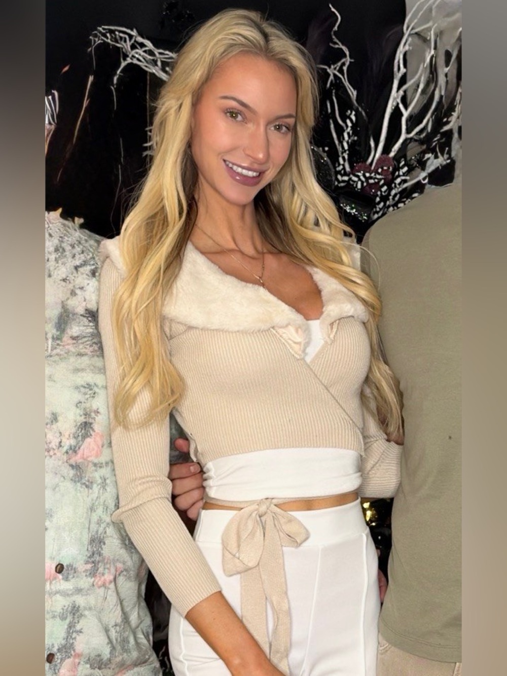 Fashion Nova Cream Ribbed Faux-Fur Trim Wrap Sweater